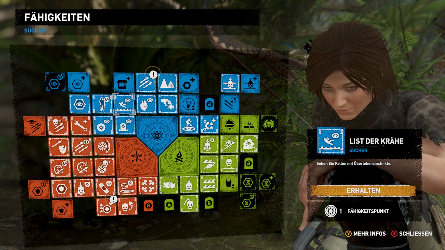 Shadow of the Tomb RaiderIhre Skills schaltet Lara nach und nach mit Erfahrungspunkten, Herausforderungsgräbern und Storyfortschritt frei.