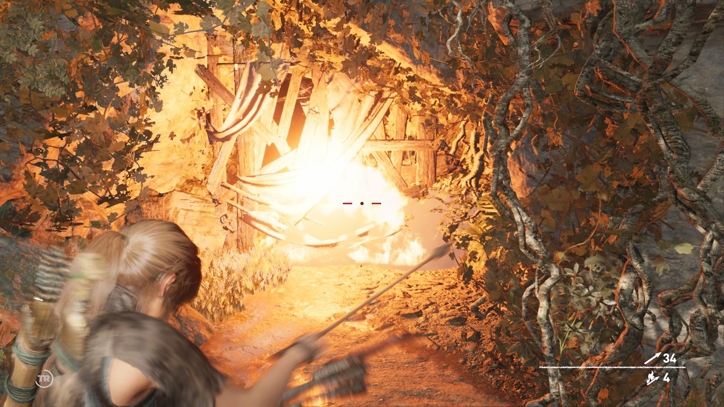 Shadow of the Tomb RaiderEin Feuerpfeil am rechten Ort verbrennt Hindernisse und macht Lara den Weg frei.
