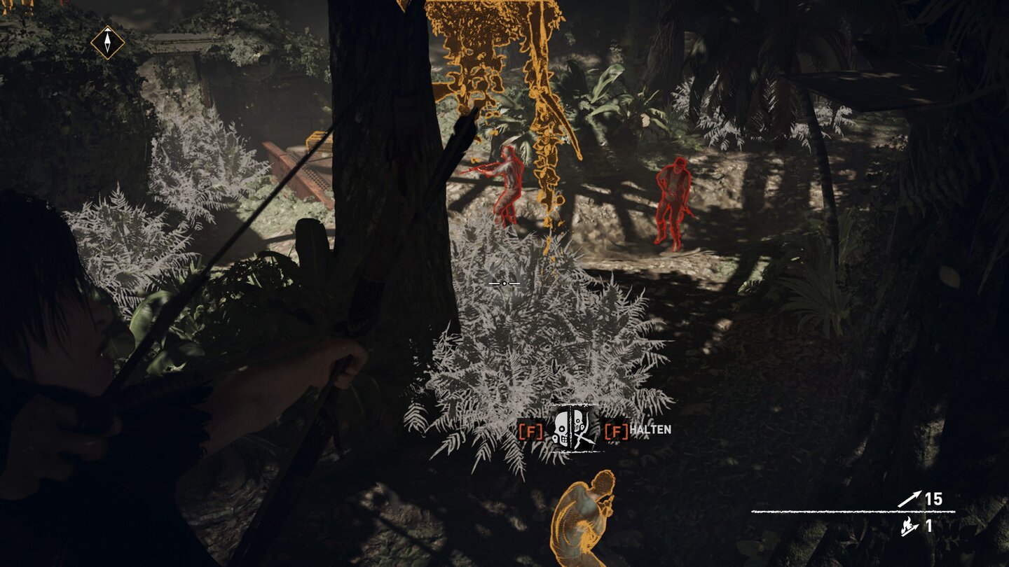 Shadow of the Tomb RaiderRot markierte Soldaten stehen im Sichtfeld von anderen Gegnern. Gelbe Silhouetten zeigen isolierte Feinde.