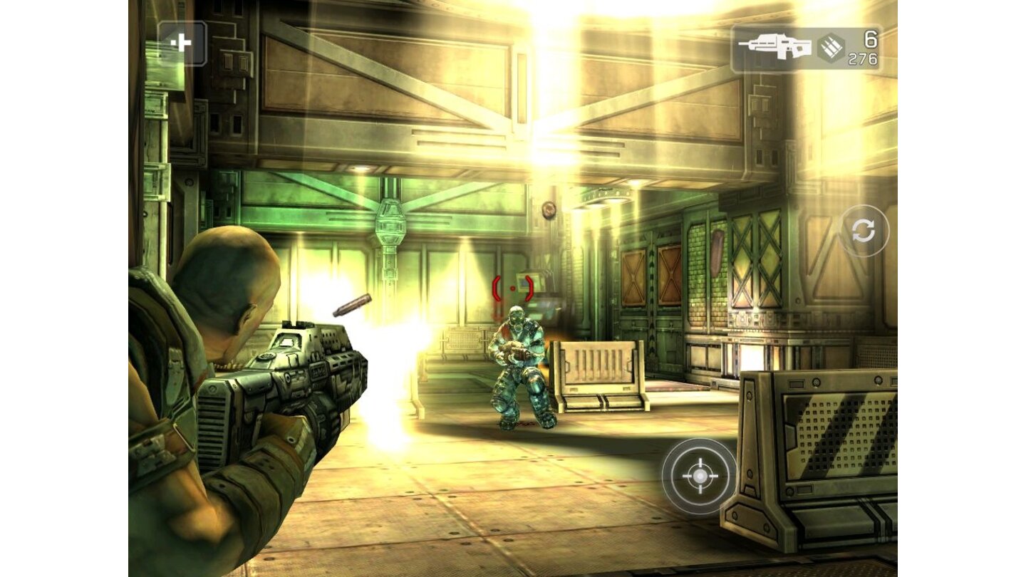 Shadowgun Bei einer Titelvergabe für die beste Grafik 2011 würde das Action-Spiel Shadowgun von Mad Finger Games ganz vorne mit dabei sein. Das Science-Fiction-Spiel erzählt die Geschichte eines Kopfgeldjägers, der einen verrückten Wissenschaftler auf einem fernen Planeten von üblen Experimenten abhalten soll. Nach einer unsanften Landung sieht sich der bullige Held einer Vielzahl Amok laufender Mutanten und Maschinen gegenüber. Das Design des Hauptcharakters Slade erinnert dabei frappierend an die klobigen Figuren von den Gears-of-War-Spielen auf der XBox 360. Und genau wie die große Vorlage verfügt auch Shadowgun über ein Deckungssystem – blindes Vorstürmen führt in den meisten Fällen zum Bildschirmtod. So arbeitet man sich mit Slade Stück für Stück durch die Forschungsstation und lauscht seinen launigen Sprüchen. Die hervorragende Steuerung in Kombination mit der fantastischen Technik lassen über den insgesamt nicht ganz so abwechslungsreichen Spielablauf locker hinwegsehen. Unsere Wertung: 84% - » Test zu Shadowgun lesen