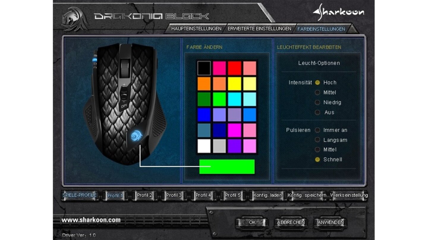 Der Treiber der Sharkoon Drakonia Black stellt uns 24 Farben für das LED-Logo zur Verfügung.