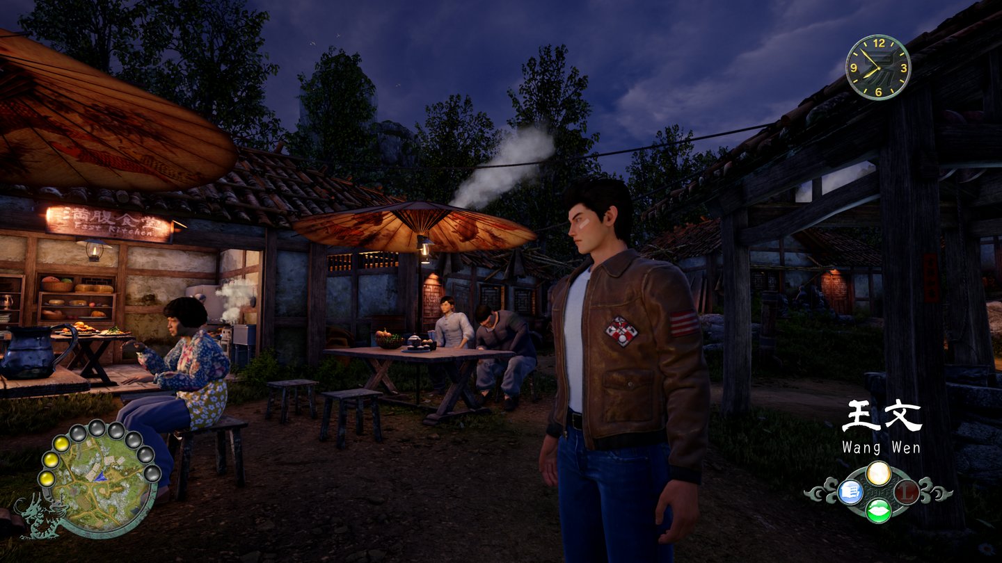 Tätigkeiten und Verfügbarkeit von NPCs verändern sich im Laufe des Tages. Abends finden sich viele beim Restaurant des Dorfes.