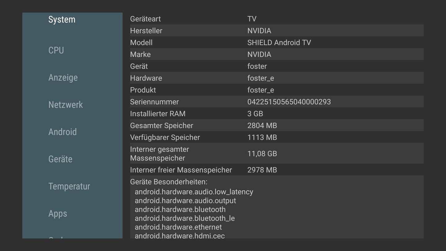 Shield Android TV: Systemübersicht von Aida64