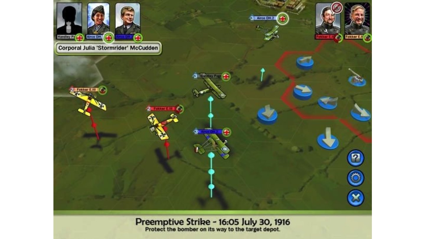 Sid Meier's Ace Patrol
Manöver mit blauen Symbolen sind Schachzüge ohne Angriff. Manöver mit grünen Symbolen bedeuten einen Angriff auf den Gegner.