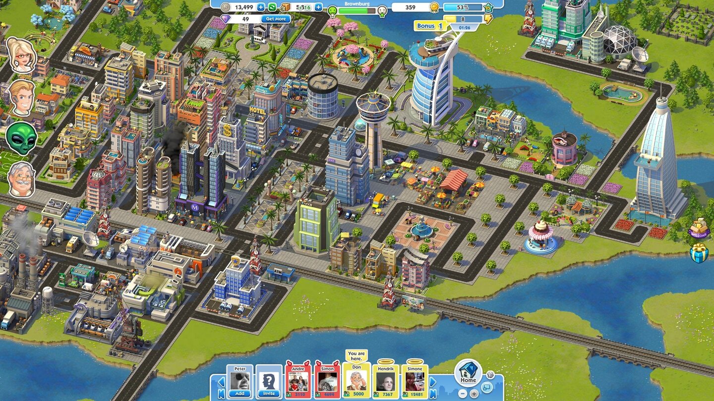 SimCity SocialEinen Nachbarn haben Sie automatisch bei Spielstart: NPC Don hat eine schicke Großstadt, aber merkwürdigerweise wenig Einwohner.