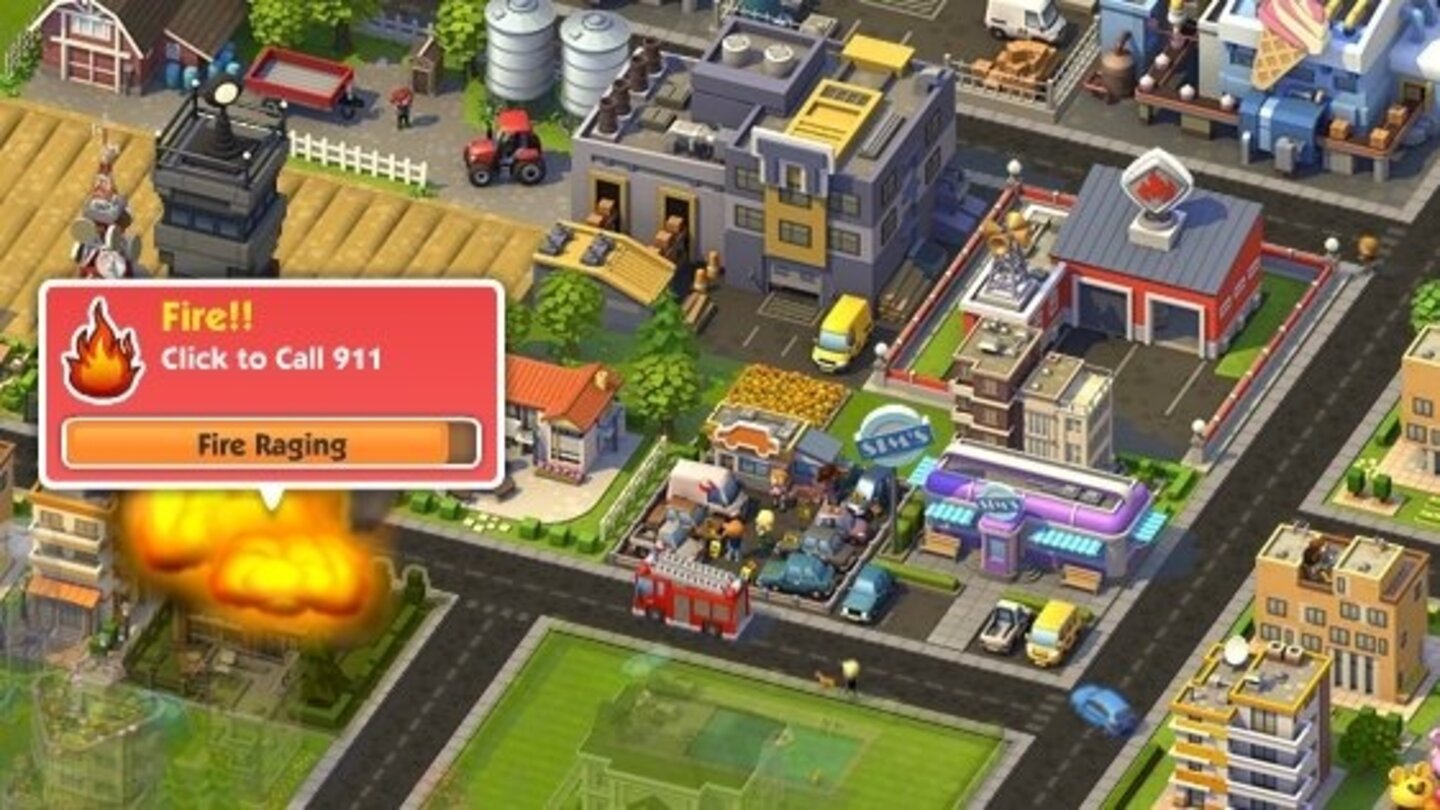 SimCity SocialFeurio! Zum Glück ist die Feuerwehr gleich nebenan. Brände sind aber nicht weiter schlimm, sie breiten sich nicht aus und legen höchstes ein Gebäude lahm, der Wiederaufbau kostet nur einen Klick und Energiepunkt.