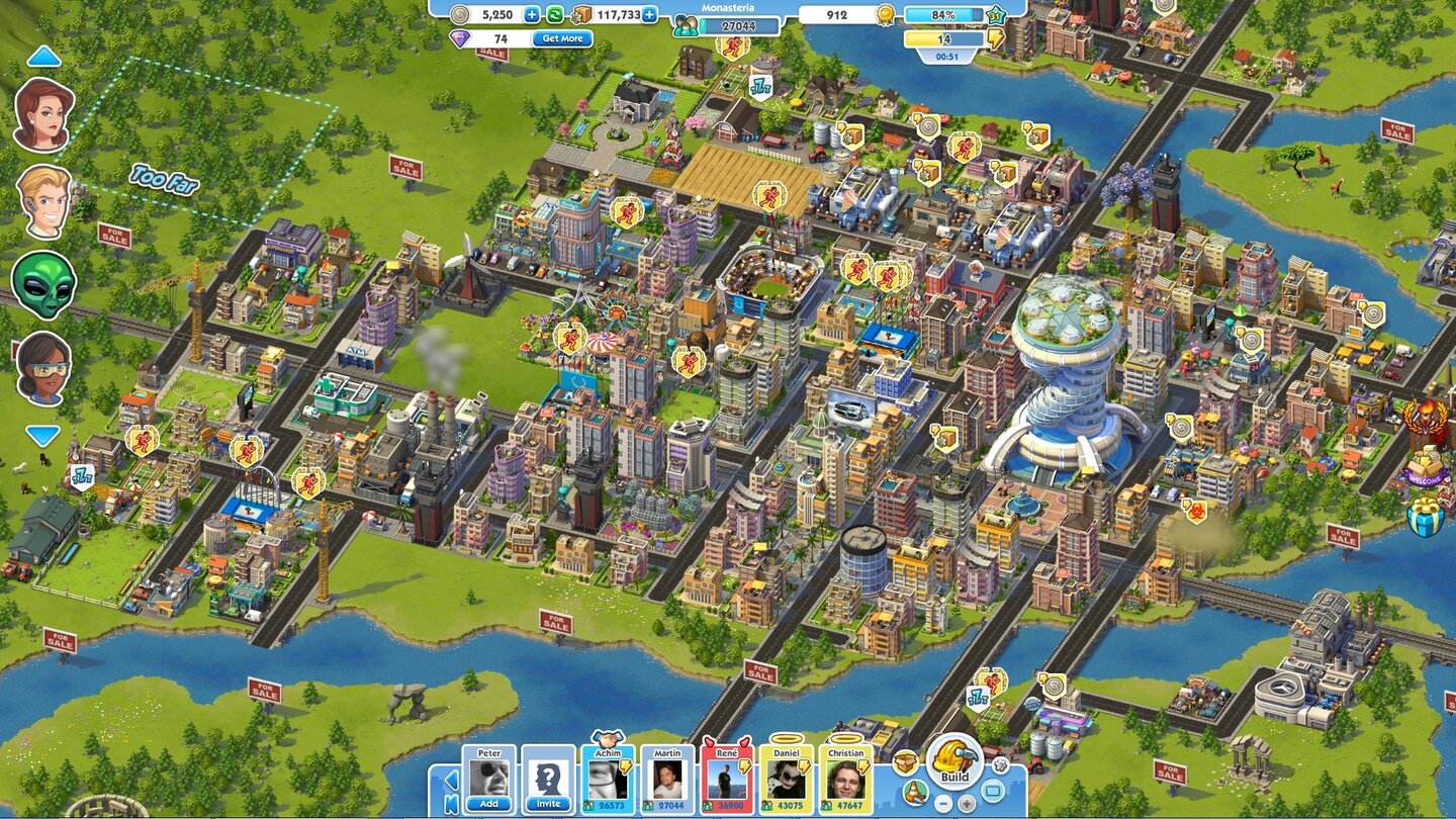 SimCity Social... ein paar Levels später ist die Biosphere immer noch das dominierende Gebäude der Stadt.