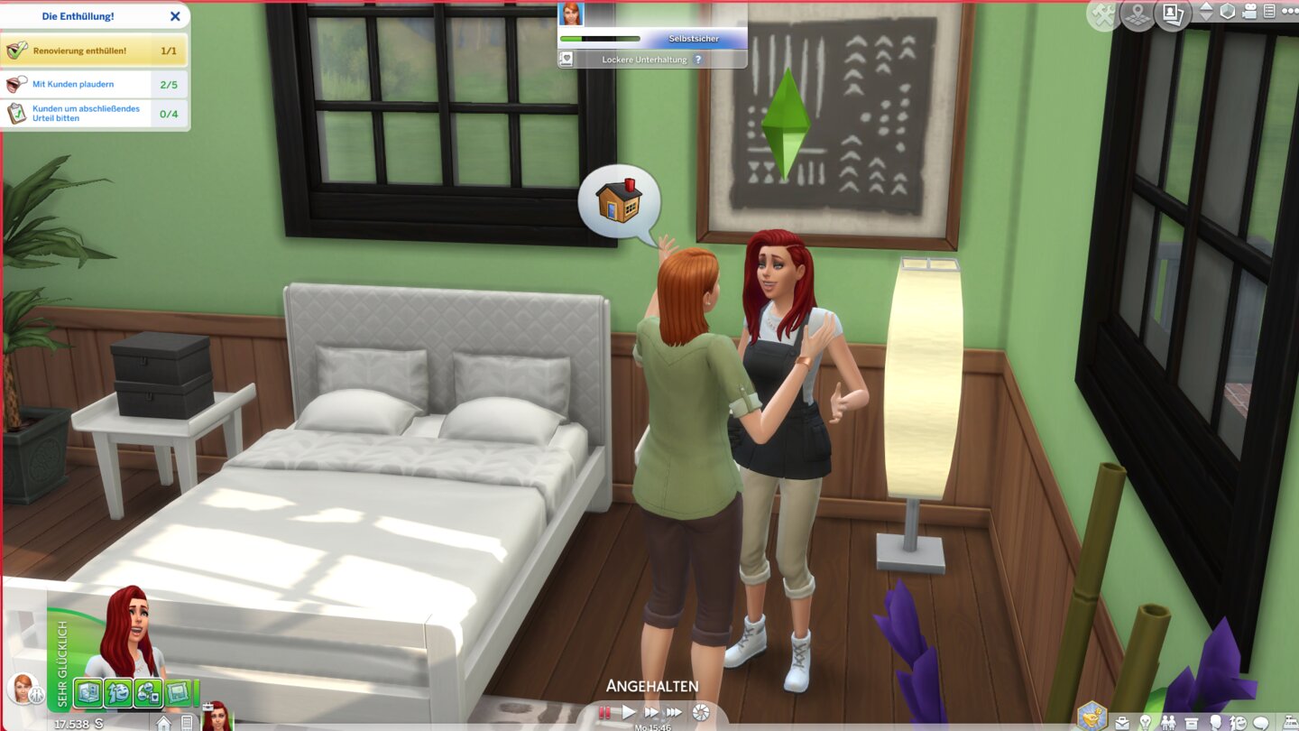 Sims 4: Traumhaftes InnendesignDie Enthüllung funktioniert als Event - wir haben also zum Beispiel die Aufgabe, den Kunden neue Objekte zu präsentieren und Smalltalk zu machen. Das lässt sich aber auch überspringen.