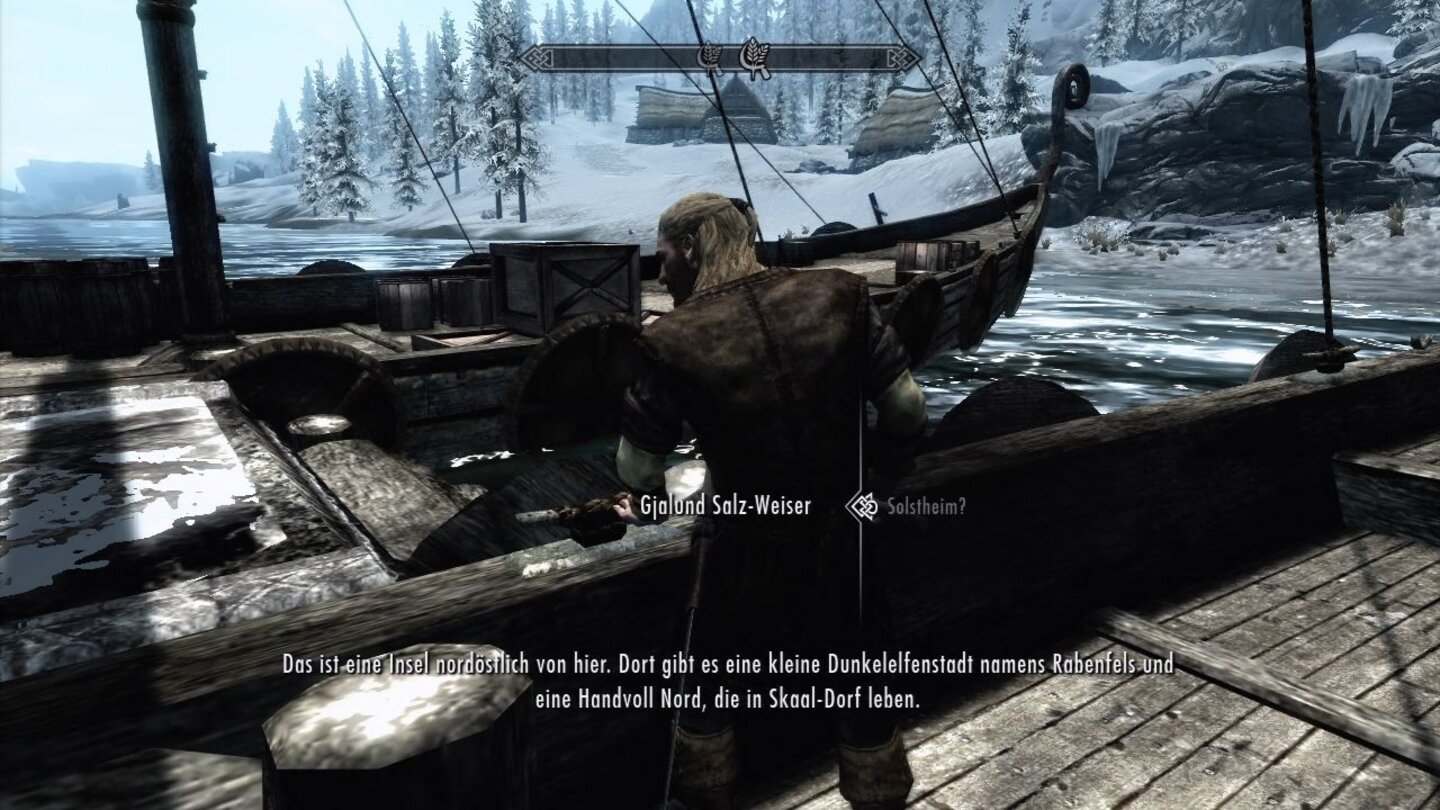 Skyrim: DragonbornUm das Abenteuer auf der Insel Solstheim zu beginnen, begeben wir uns zu Gjallund Salz-Weiser im Hafen von Windhelm.