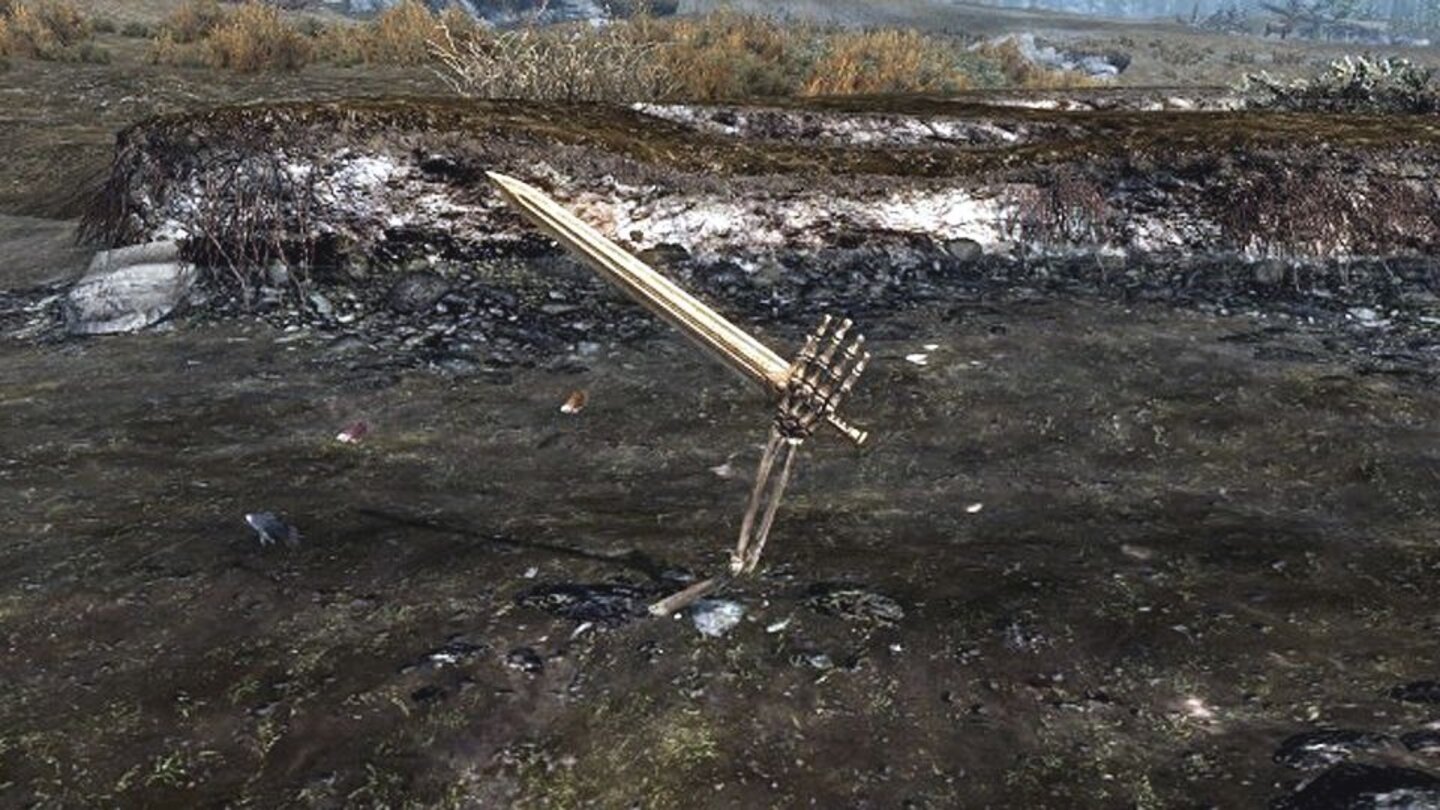Frau aus dem SeeEine weitere Anspielung der König-Arthus-Legende können aufmerksame Spieler im Nord-Osten von »Bleakwind Basin« finden. Dort hält der Arm eines Skeletts ein Elfenschwert aus dem Fluss, eine Anspielung auf die Frau aus dem See.