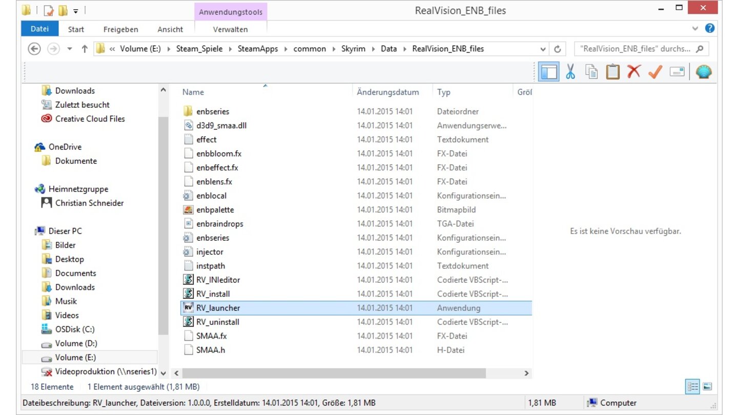 Skyrim Mod Anleitung - Schritt 29Nun in den Steamordner von Skyrim navigieren (meist unter ProgrammeSteamsteamappscommonSkyrim) und den Ordner »RealVision_ENB_files« öffnen, der sich im »Data«-Ordner versteckt. Dort den »RV_Launcher« starten.