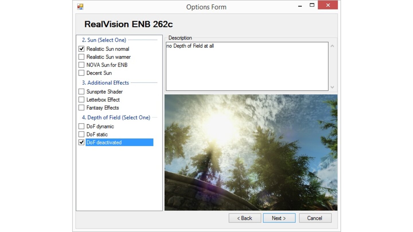 Skyrim Mod Anleitung - Schritt 27Im nächsten Fenster »Realistic Sun normal« wählen und Punkt 3 komplett leer lassen. Bei »Depth of Field« (Tiefenunschärfe) entweder »dynamic« oder »deactivated« wählen. Uns hat DoF nicht gut gefallen und wir haben sie weg gelassen.