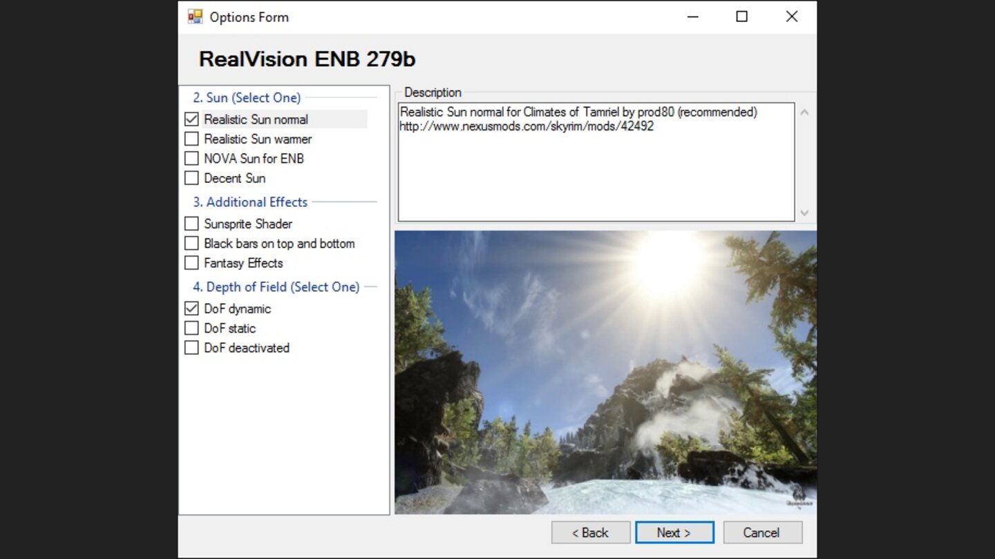 ?Im nächsten Fenster wählen wir nur »Realistic Sun normal« und »DoF dynamic« aus.