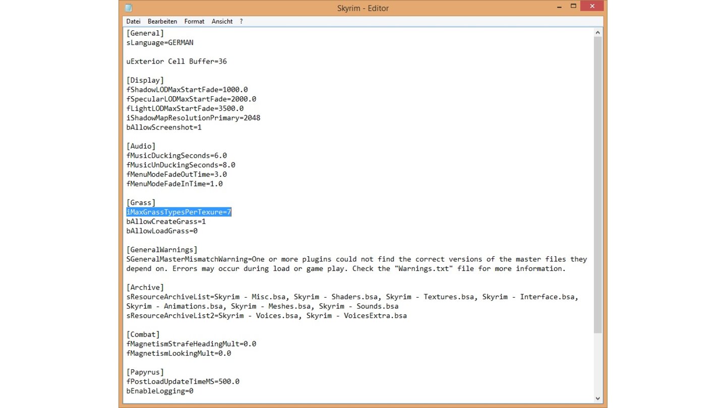 Skyrim Mod Anleitung - Schritt 12Die Zeile »iMaxGrassTypesPerTexure=7« (ohne Anführungszeichen) unter [Grass] einfügen (Texure ist hier richtig geschrieben).