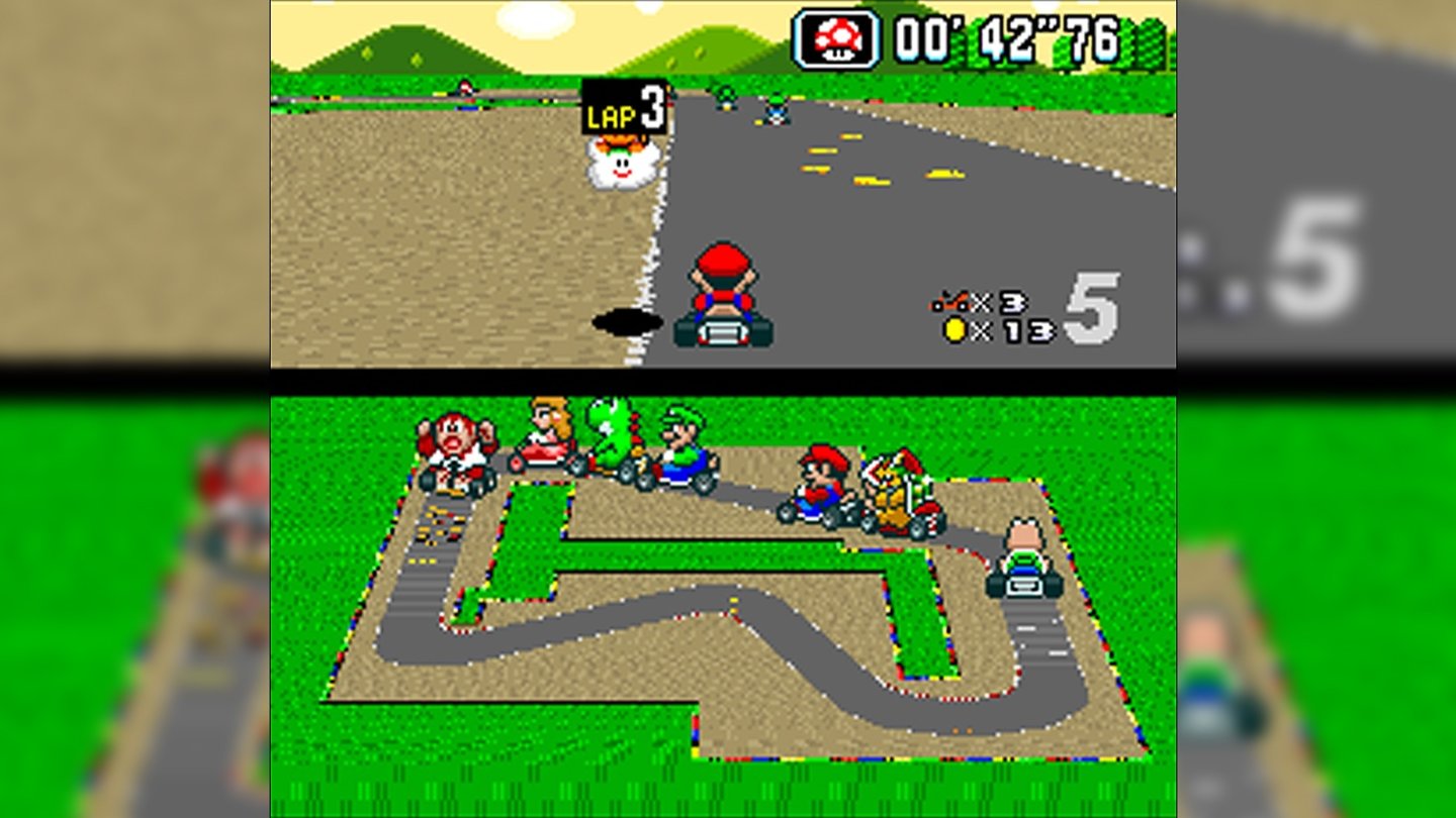 Super Mario Kart (1992)Funracer-Urknall: Der erste und beste Titel der Mario Kart-Reihe ist eine hoch motivierende Solo-Raserei und – dank Power-Ups wie Bananenschale und Koopa-Panzer – ein unvergleichliches Zweispieler-Spektakel.
