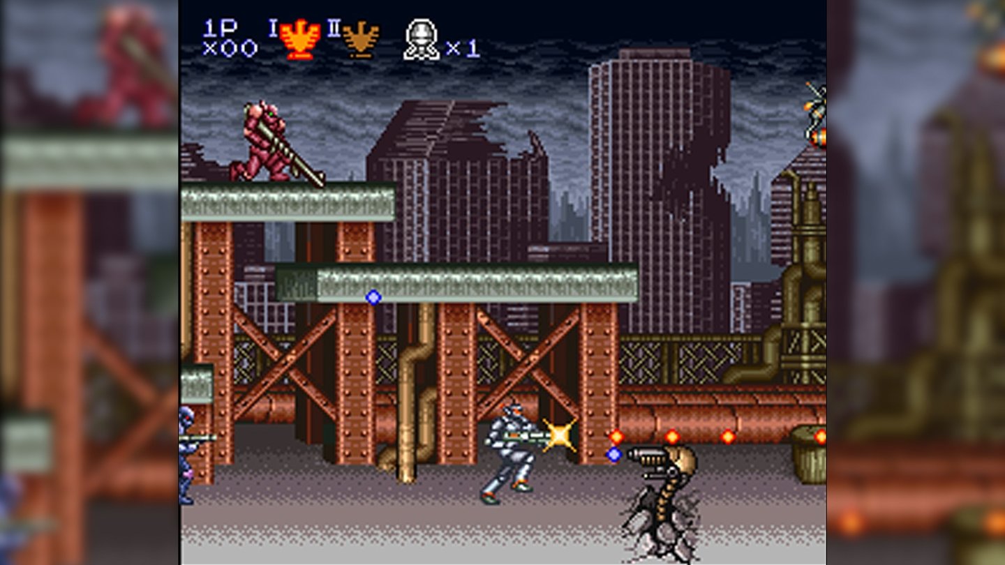 Super Protector: Alien Rebels (1992)Teil 3 von Konamis Run&Gun-Reihe Contra kommt in puncto Präsentation den Arcade-Vorbildern nahe und variiert das Spielprinzip mit Vehikelsequenzen und zwei Levels aus der Vogelperspektive. In der PAL-Variante kämpfen Robo-Soldaten.