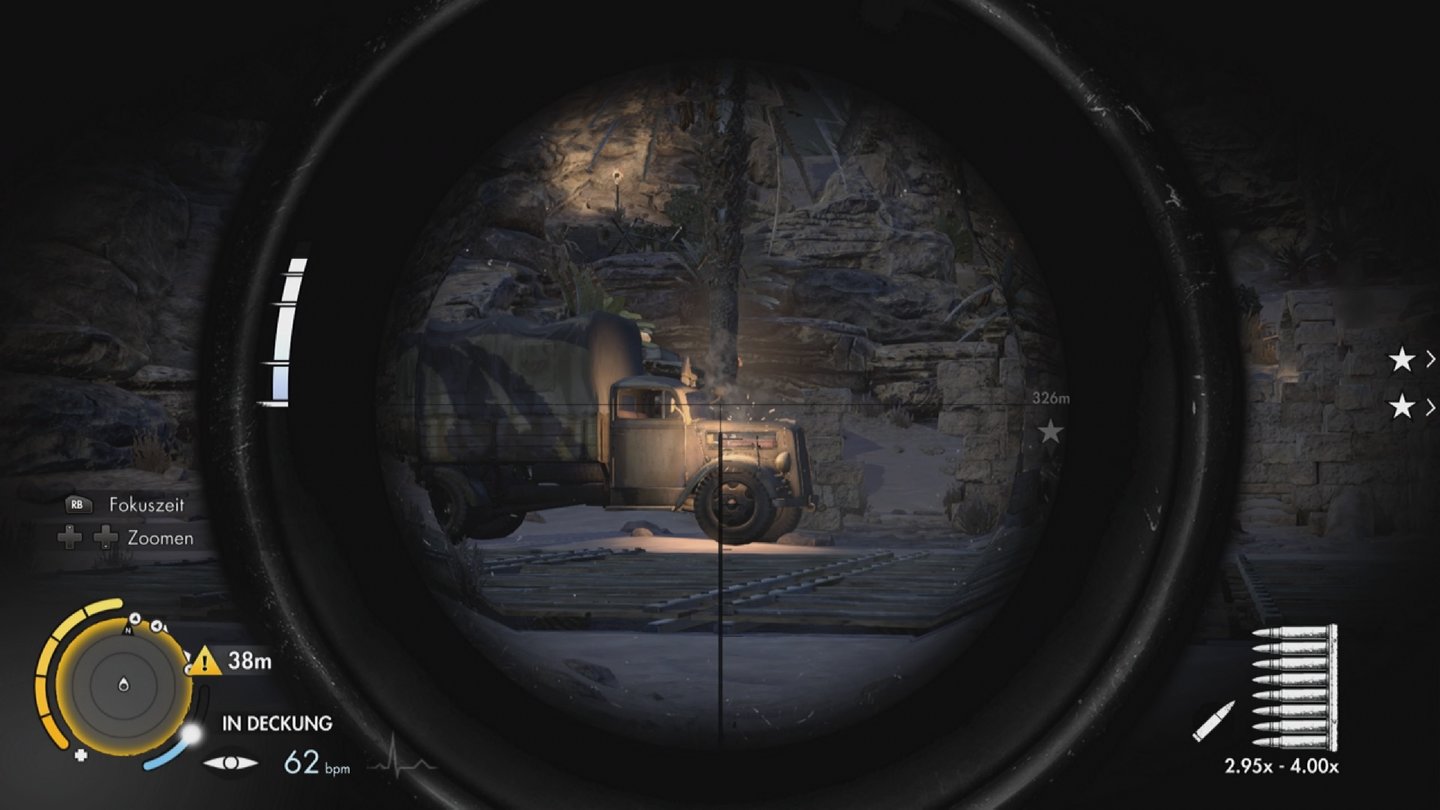 Sniper Elite 3Bei der Bekämpfung von Fahrzeugen müssen wir auf ihre Schwachstellen schießen. In diesem Fall der Motorblock. (Xbox One)