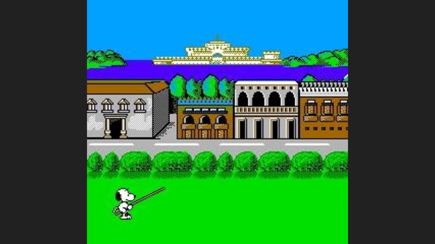 Snoopys got his pole and is ready to jump over the river