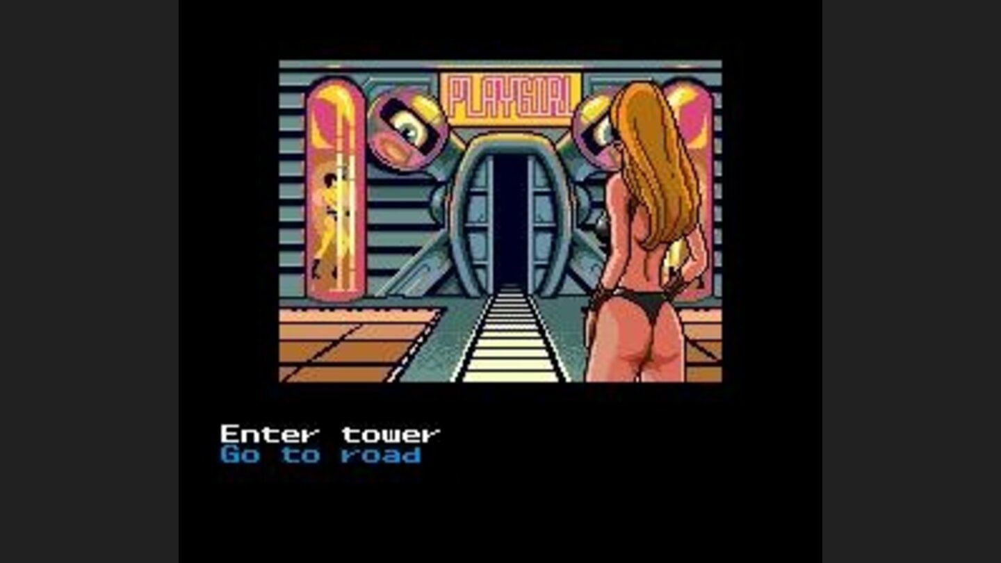 In front of the Playgirl. Jane is in her typical costume