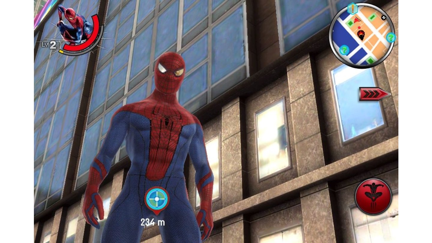 The Amazing Spider-ManFein texturiert steht Spider-Man mitten in New York. Doch sobald er sich bewegt, wird es ruckelig. [iPhone 4S]
