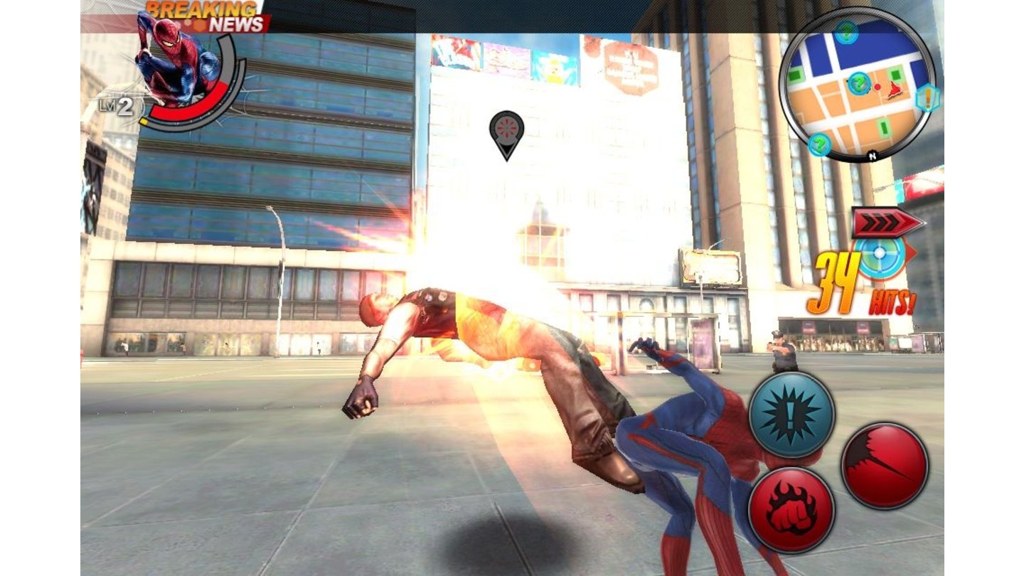 The Amazing Spider-ManKa-Pow! Mit den drei Aktionsbuttons Ausweichen, Netz und Zuschlagen lassen sich effektvolle Kombos zusammen stellen. [iPhone 4S]