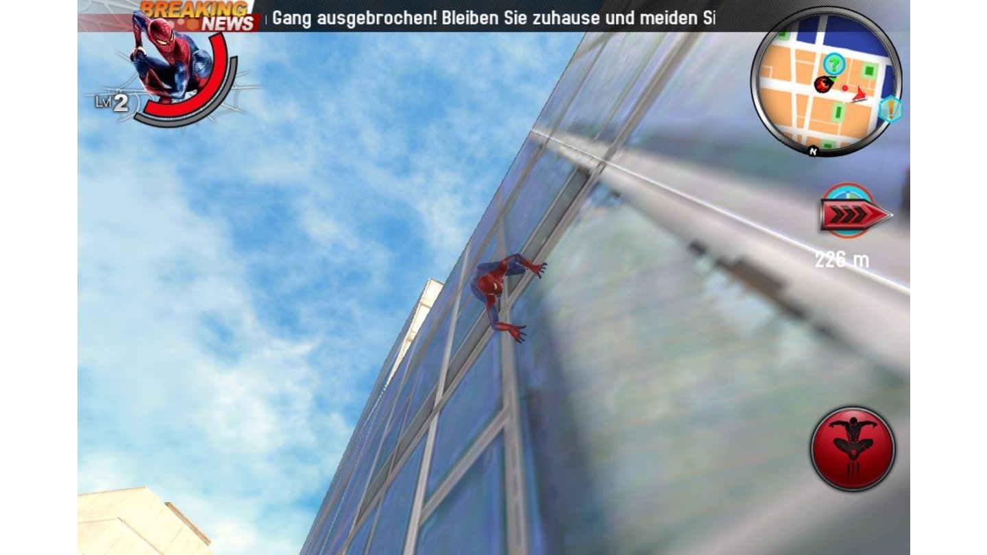The Amazing Spider-ManDas Klettern an Hochhauswänden ist wegen der nervösen Kamera und dem fummeligen Analogstick oft eine Geduldsprobe. [iPhone 4S]