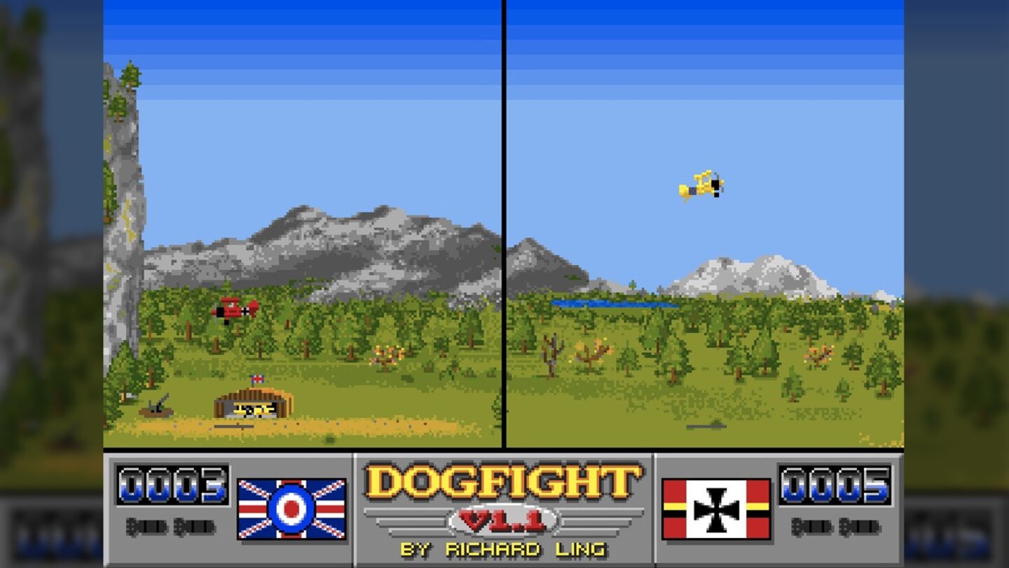 Dogfight (1990)Simples, aber spaßiges Multiplayer-Spielchen, in dem sich auf einem geteilten Bildschirm zwei Pixelflieger bekämpfen.