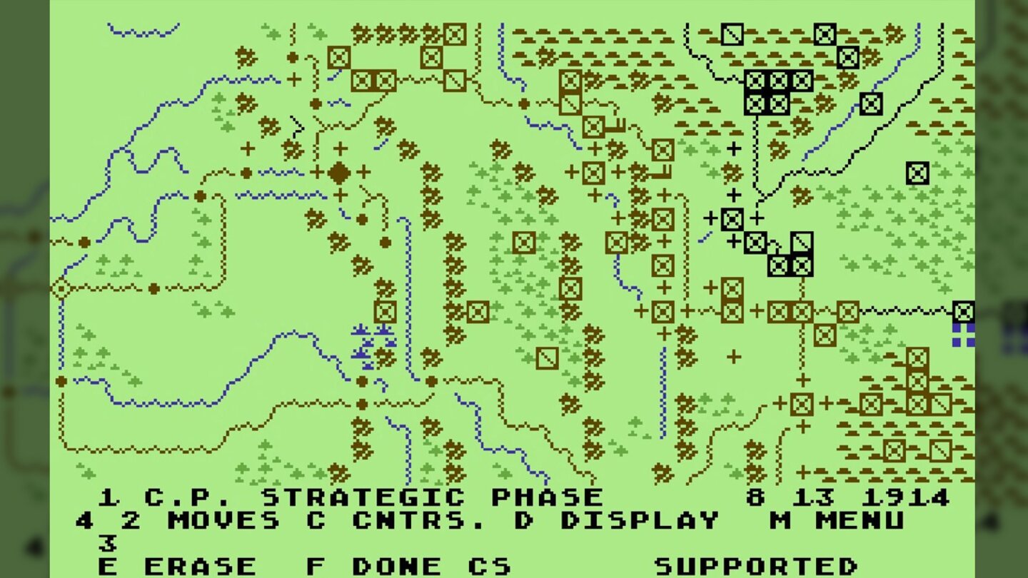 The Great War 1914 (1983)Eines der ersten rundenbasierten Weltkriegs-Strategiespiele auf dem C64, in dem man auf der Europakarte Truppen verschiebt.