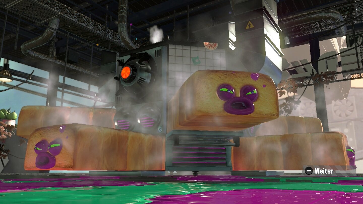 Splatoon 2Die Bossgegner sind wieder mal äußerst kreativ ausgefallen. Hier will uns ein Toaster ans Leder, der Baguettes ausspuckt.