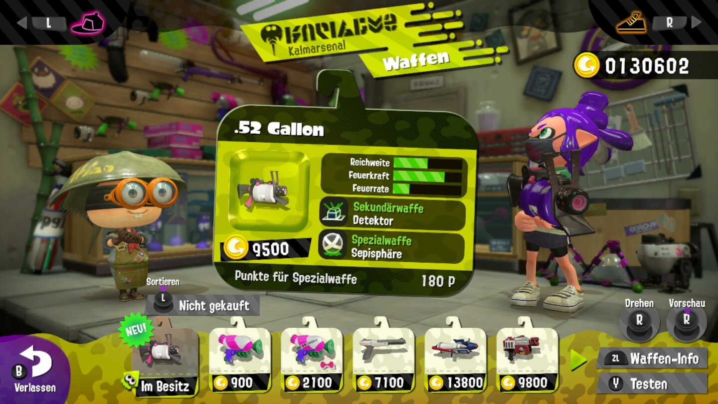 Splatoon 2Im Waffenladen investieren wir unsere gesammelten Goldmünzen in neue Eimer, Pinsel, Pistolen usw. - Nach jedem Rangaufstieg gibt es neue Waffen.