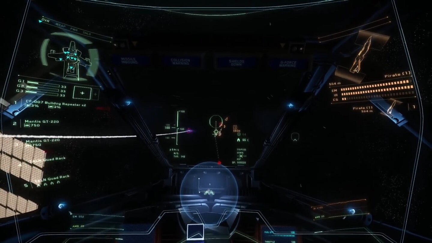 Star Citizen: Alpha 2.0Piraten am Kimmunikations-Array: Der Pilot der Hornet feuert aus allen Rohren während eine aufgeschaltete Rakete an ihm vorbeisaust.