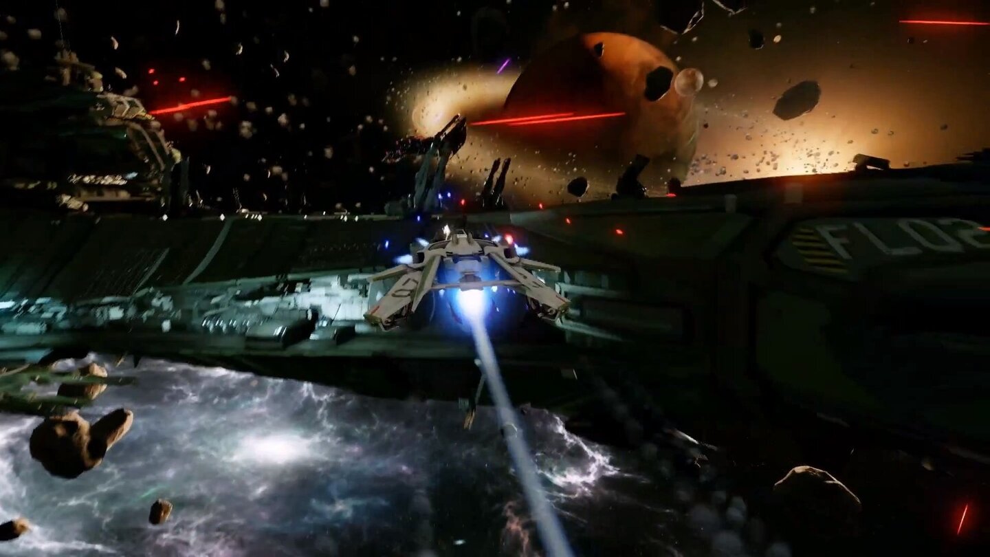 Star CitizenUm eines der (von Spielern steuerbaren) Trägerschiffe der Bengal-Klasse entbrennt eine laserfreudige Raumschlacht.
