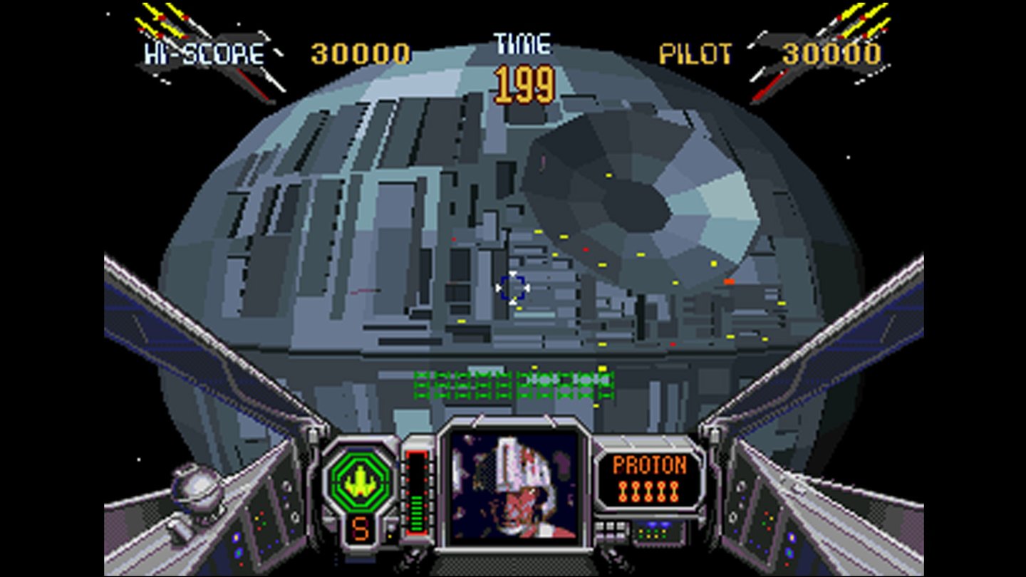 Star Wars Arcade (1993)1993 füllte Sega gemeinsam mit General Electric Aerospace (bauten die ersten 3D-Simulatoren für NASA) die Flächen zwischen den Vector-Grafiken der früheren Arcade-Automaten. Das Ergebnis hieß Sega Model 1 Hardware und ist die treibende Kraft hinter dem Klassiker Virtua Fighter und eben Star Wars Arcade. In typischer Arcade-Manier setzt uns das Spiel hinter den Steuerknüppel eines X- oder Y-Wings und schickt uns direkt in bekannte Schlachten der ersten Filmtrilogie.