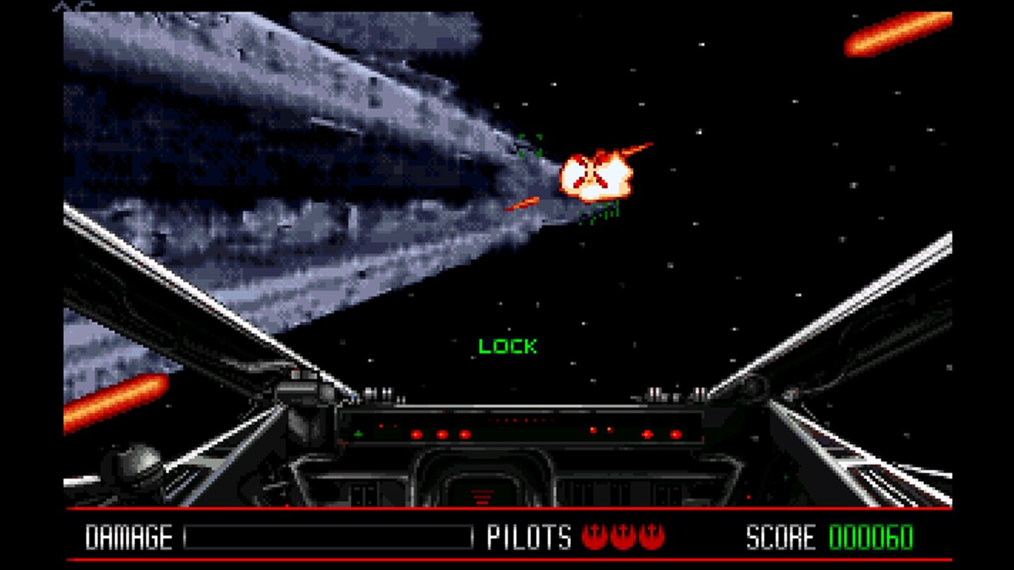 Star Wars: Rebel Assault (1993)Mehr interaktiver Film als Simulation ist das zweite Star Wars-Spiel aus dem Hause LucasArts in 1993. In Rebel Assault schlüpfen wir in die Rolle von Rookie One, einem Pilotenanwärter der ebenso wie Luke von Tatooine stammt. Im Laufe seiner Karriere hinter dem Steuerknüppel von vier Star Wars Raumschiffen (darunter A-Wing und X-Wing) erlebt Rookie unter anderem die Schlachten von Hoth und um den ersten Todesstern. Strikt geradlinig fliegen wir dabei durch vorgerenderte Hintergründe und ballern auch ab und an zu Fuß in Railshooter-Manier Sturmtruppen über den Haufen.