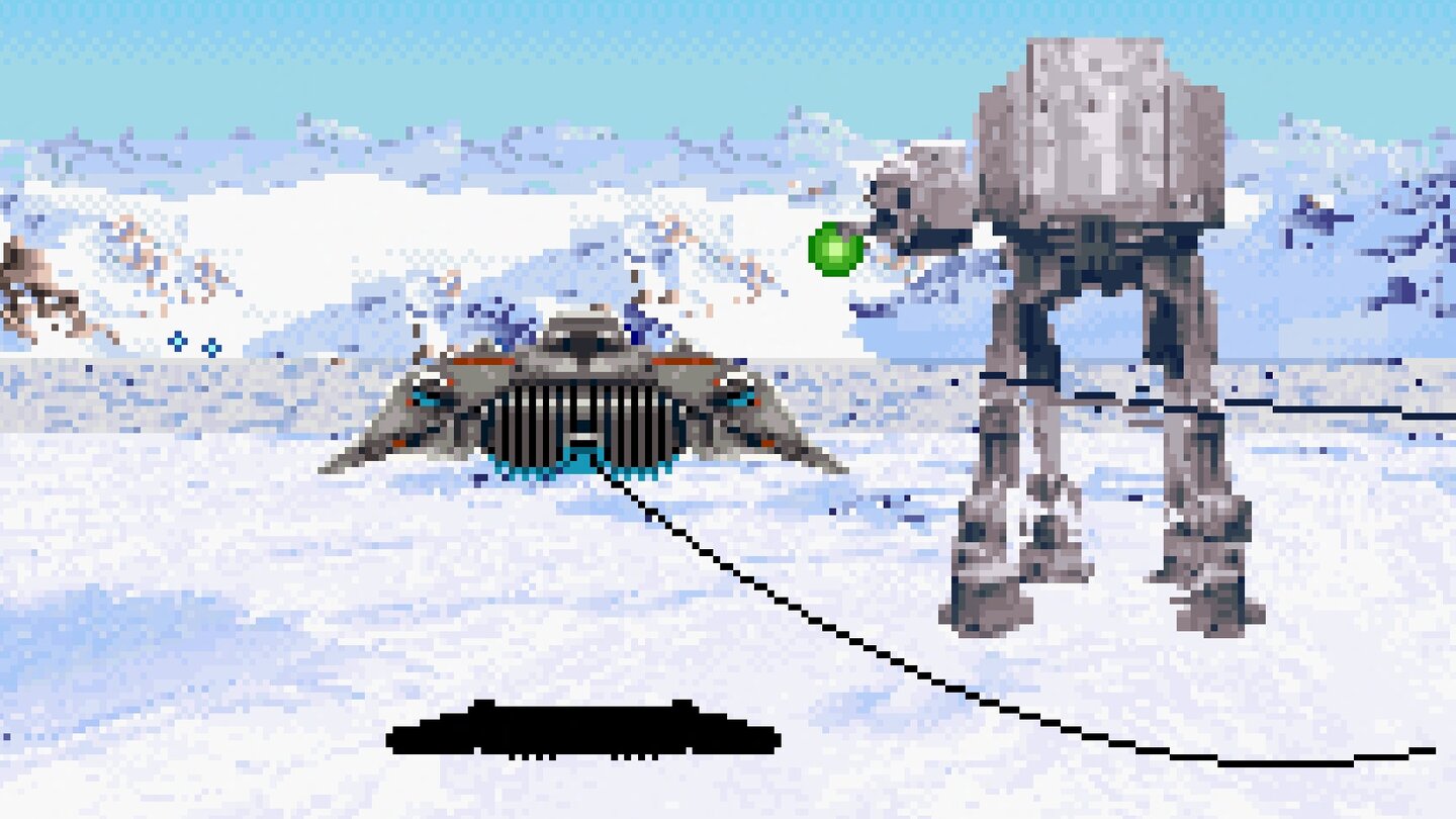 1993: Super Einsatz des StolperseilsZehn Jahre später spielt sich die Hoth-Schlacht schon erheblich filmgetreuer. Super Empire Strikes Back für die Konsole Super Nintendo hat auch super 3D-Effekte.