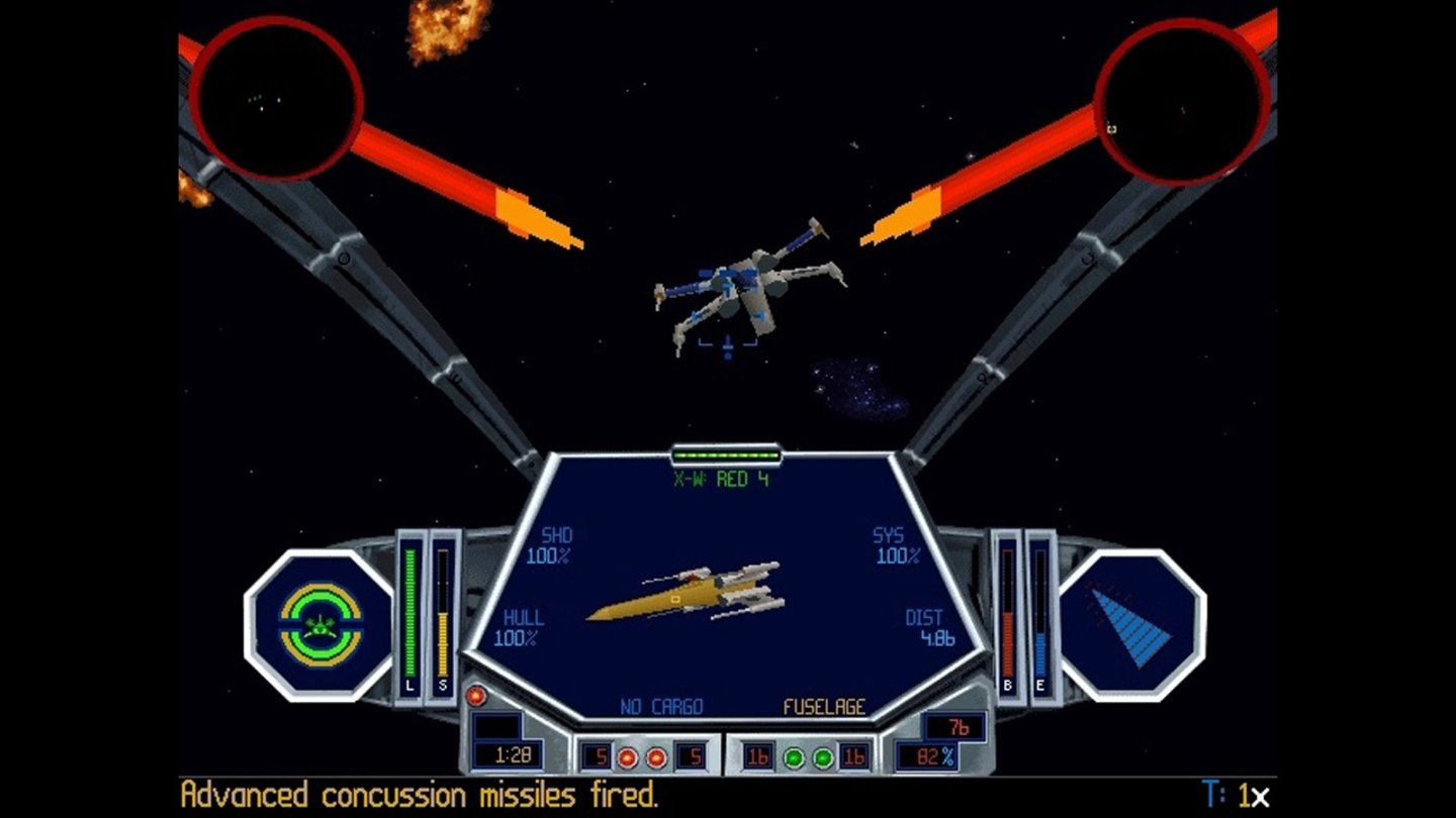 TIE Fighter (1994)LucasArts dreht den Spieß um: Im Nachfolger zu X-Wing nehmen wir in den Cockpits des Imperiums Platz und mimen einen gesichtslosen Schergen mit bedrohlich-schwarzer Atemmaske. Der hetzt Rebellen im Rahmen von Das Imperium schlägt zurück durch die Galaxis und jagt sogar gemeinsam mit Darth Vader imperiale Verräter. Der Frustfaktor von X-Wing ist deutlich gelindert, die Schlachten sind imposant groß mit vielfältigen Flotten, die Aufträge originell und ungemein packend – kurzum eine tolle Weiterentwicklung. TIE Fighter bekam mit Defender of the Empire und Enemies of the Empire zwei Addons spendiert.