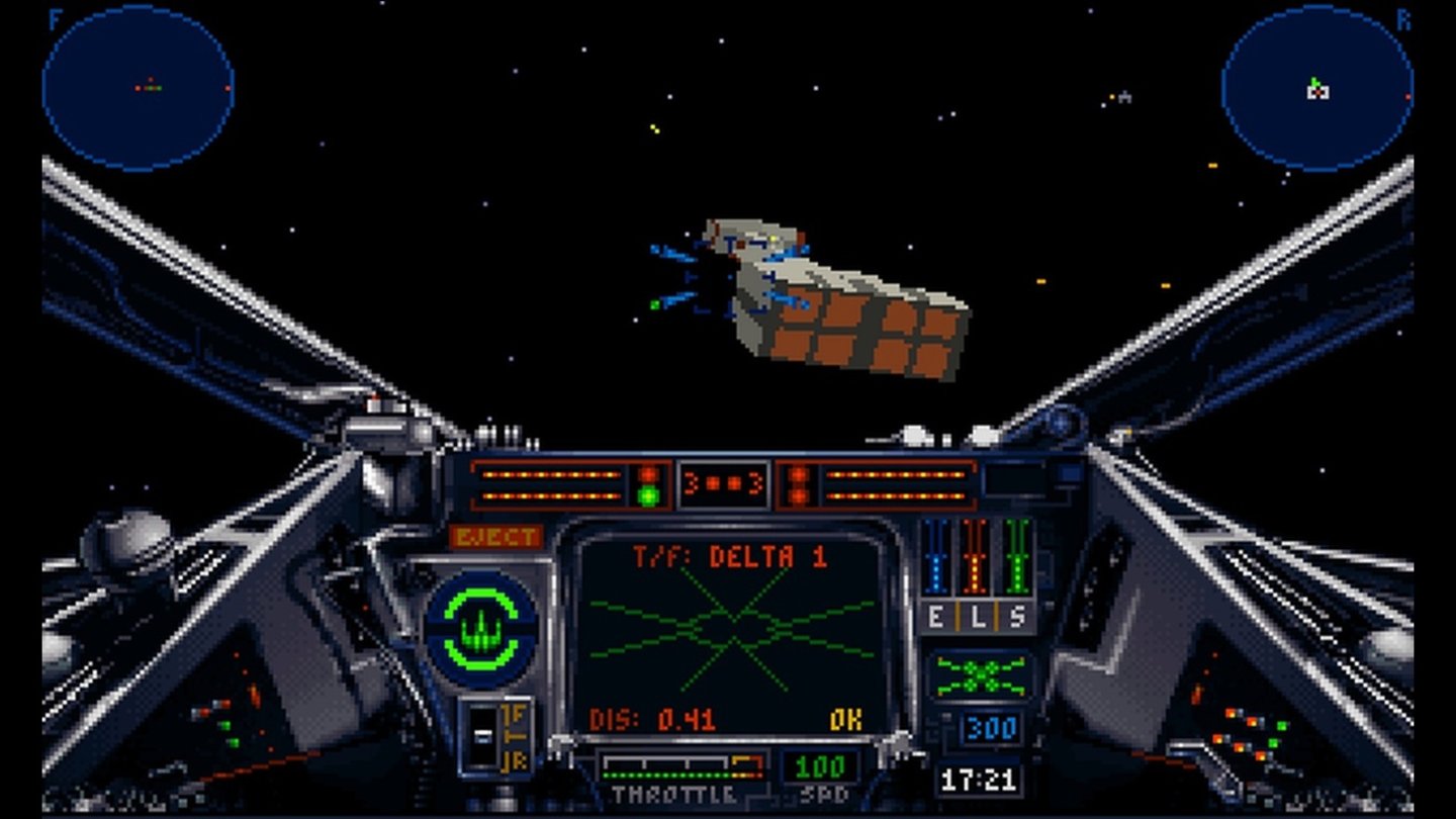 Star Wars: X-Wing (1993)Das erste Star Wars-Spiel von LucasArts schwimmt auf der Beliebtheitswelle von Flugsimulatoren und führt echte 3D-Grafik ins Genre der Raumkampf-Simulatoren ein. Im Gegensatz zu Weltraum-Kollegen wie Wing Commander oder Privateer ist X-Wing deutlich simulationslastiger (z.B. durch Energieverteilung auf Schilde und Waffen), aber dennoch nicht weniger bombastisch. Erstmals wurden dreidimensionale Polygonmodelle im Weltraum verwendet, womit man Großkampfschiffe spielerisch sinnvoll in die Missionen einbauen konnte. Höhepunkt der Kampagne war somit klarerweise der Angriff auf den Todesstern. Es folgten zwei Expansion-Packs (Imperial Pursuit und B-Wing) mit neuen Missionen und Schiffen.
