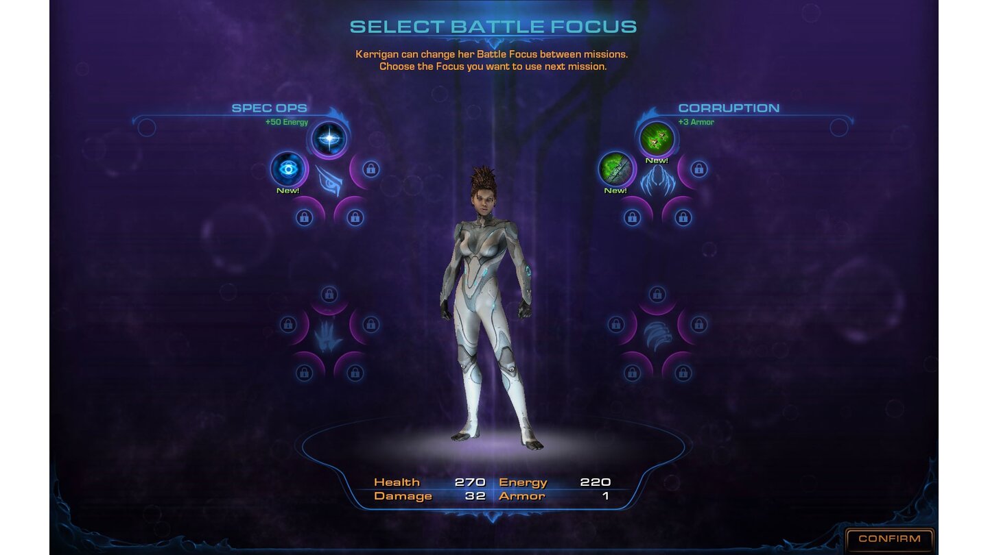 StarCraft 2: Heart of the SwarmDer Battle Focus (bestimmt Gesundheit, Schaden, Rüstung und Energie) kann vor jeder Mission gewechselt werden.