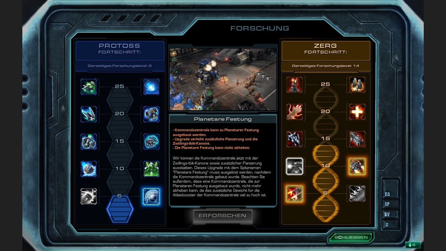 Zerg 2: (10 Punkte) Planetare Festung: Das Upgrade ergänzt die Kommandozentrale mit einer zusätzlichen Panzerung und der Zwillings-Ibik-Kanone.