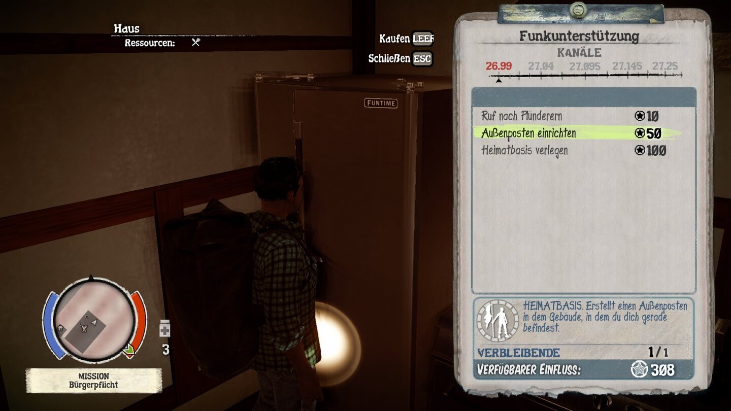 State of Decay - PC-ScreenshotsPer Funk geben wir die Anweisung, einen Außenposten in einem verlassenen Haus einzurichten.