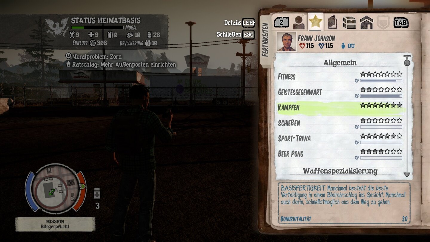 State of Decay - PC-ScreenshotsJeder Überlebende verfügt über Statuswerte, die wir schnellstmöglich verbessern sollten.