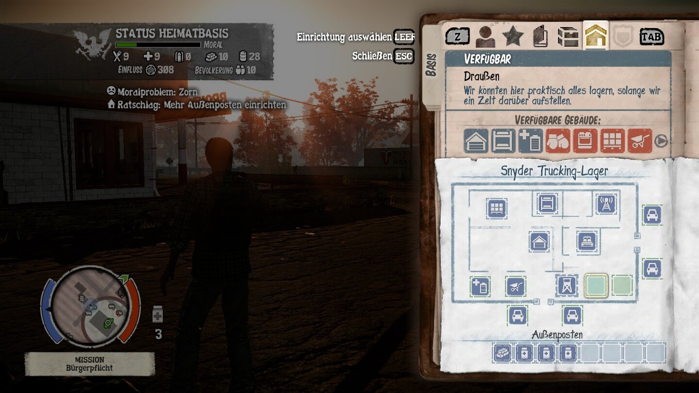 State of Decay - PC-ScreenshotsDamit unsere Gruppe nicht unzufrieden wird, sollten wir unseren Unterschlupf regelmäßig erweitern.