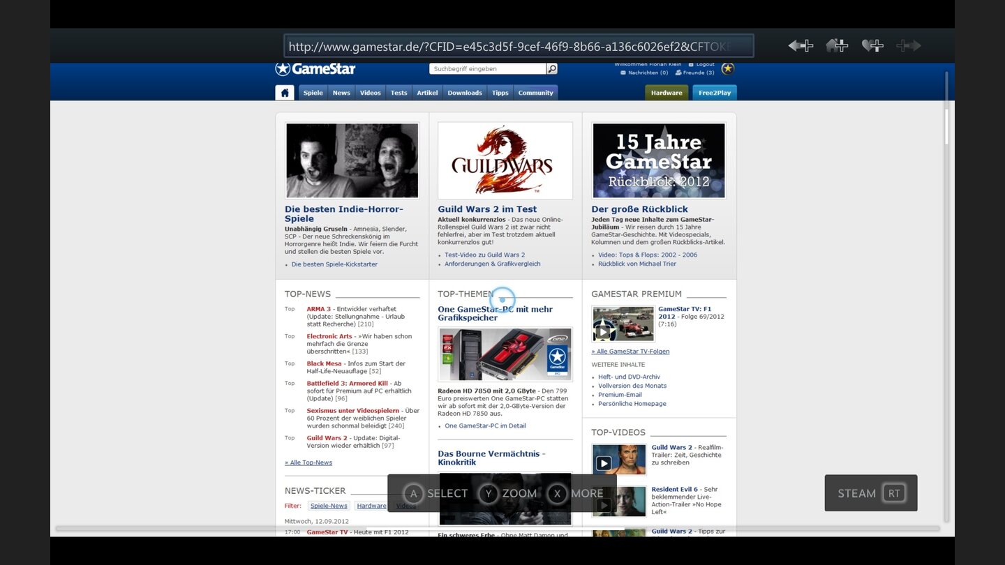Der integrierte Browser arbeitet flott und steuert sich ähnlich wie ein Ego-Shooter mit Hilfe eines Fadenkreuzes.