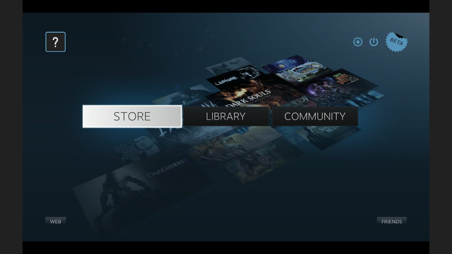 Der Startbildschirm der Big Picture-Oberfläche bietet Zugang zu den üblichen Steam-Optionen.