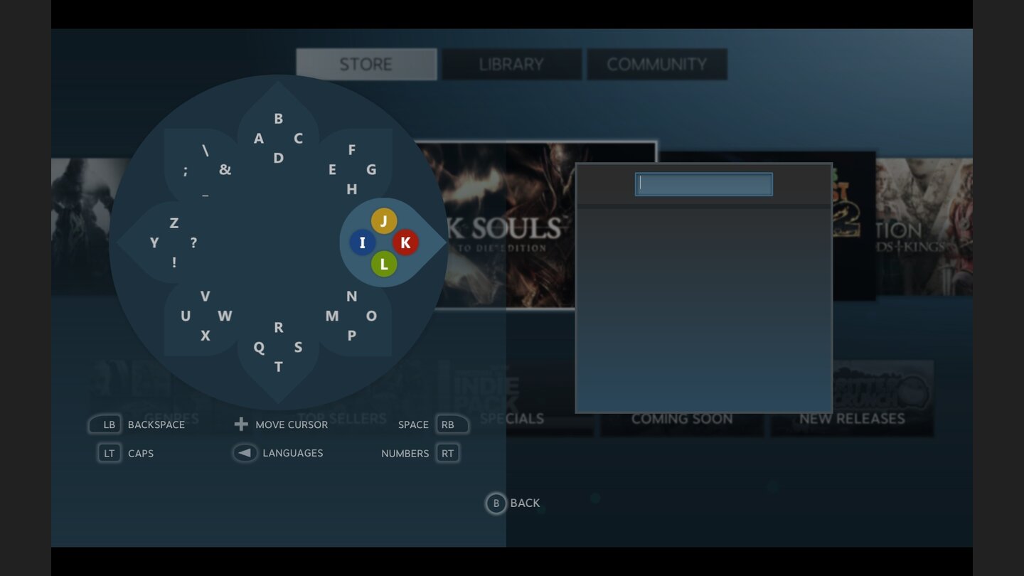 Die Texteingabe mittels Gamepad funktioniert erstaunlich simpel. Einfach Analog-Stick in eine von acht Richtungen bewegen und die angebotenen Buchstaben mittels der Feuerknöpfe auswählen.