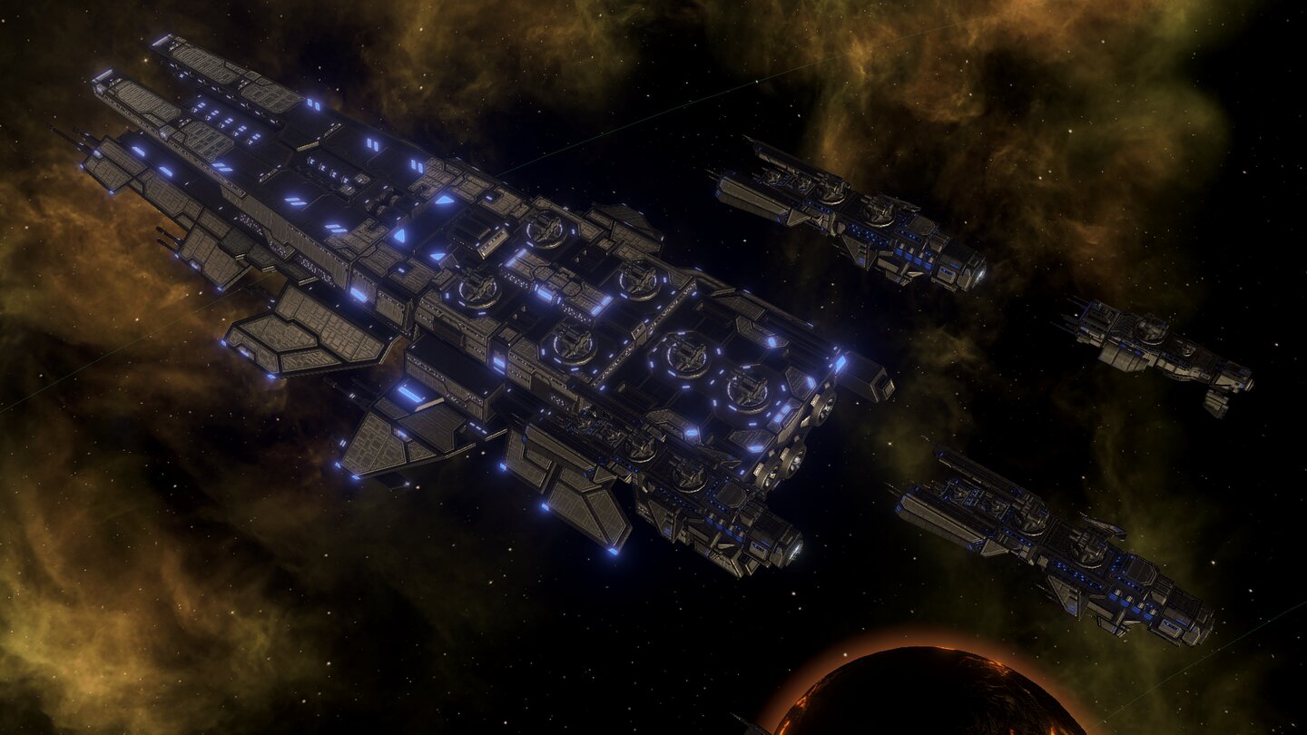 Stellaris: ApocalypseDie neuen Titanen (links) sind die größten Kriegsschiffe im Spiel, daneben die kleinsten Korvetten im Vergleich