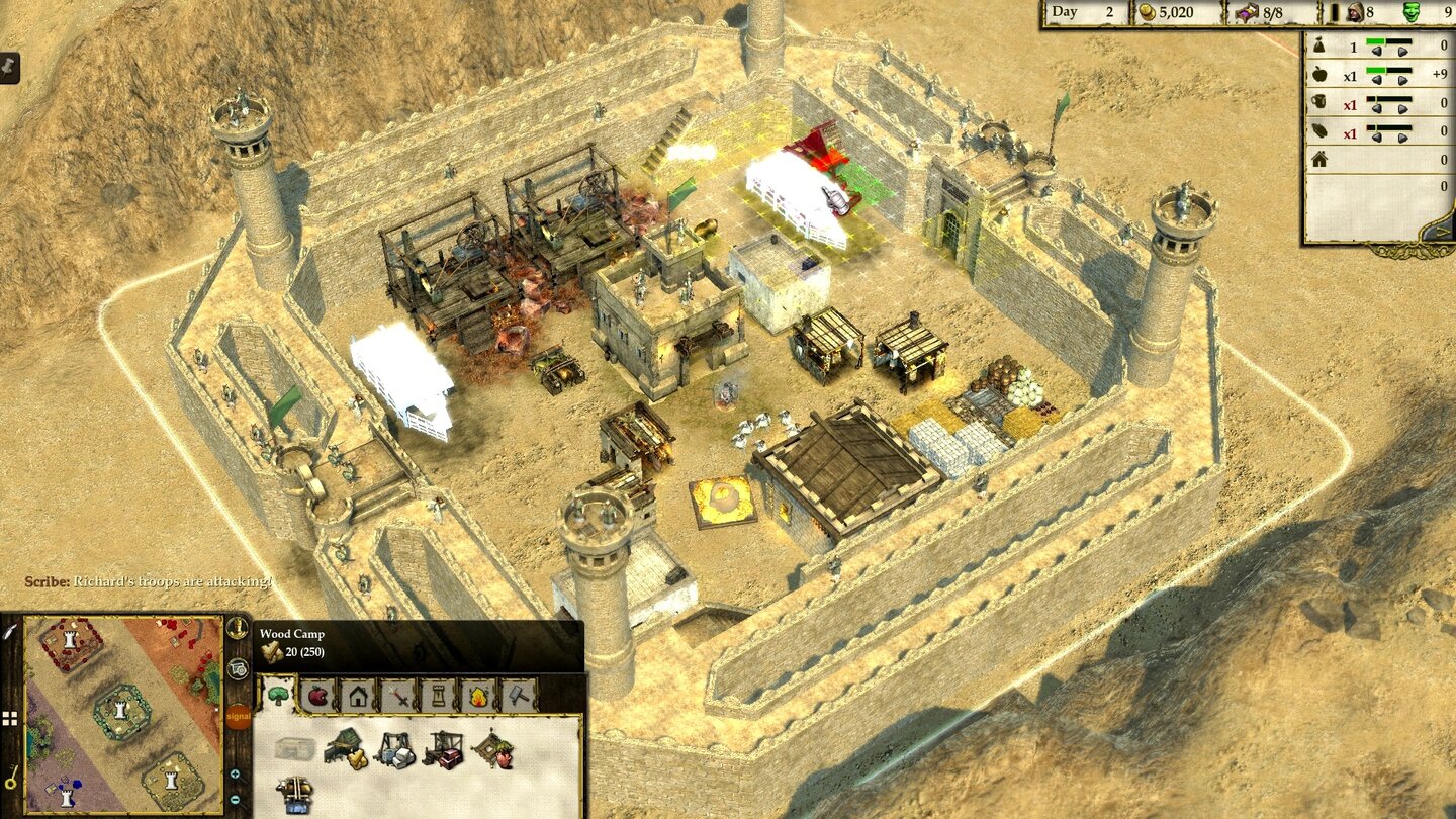 Stronghold Crusader 2
Die weißen Ränder um die Burgmauern zeigen: Es handelt sich im eine neutrale Länderei. Zur Einnahme müssen wir Truppen auf den Burgfried schaffen – fortan bekommen wir Eisen.