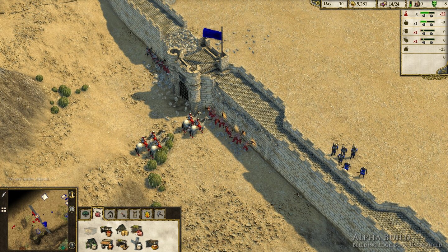 Stronghold Crusader 2 - Bugs der Alpha-VersionRechts unten haben wir zu Testzwecken eine Schwachstelle im Wall. Dass die Angreifer am dünneren Mauerstück leichtere Arbeit beim Durchbruch haben, scheint den KI-Gegner aber nicht zu interessieren.