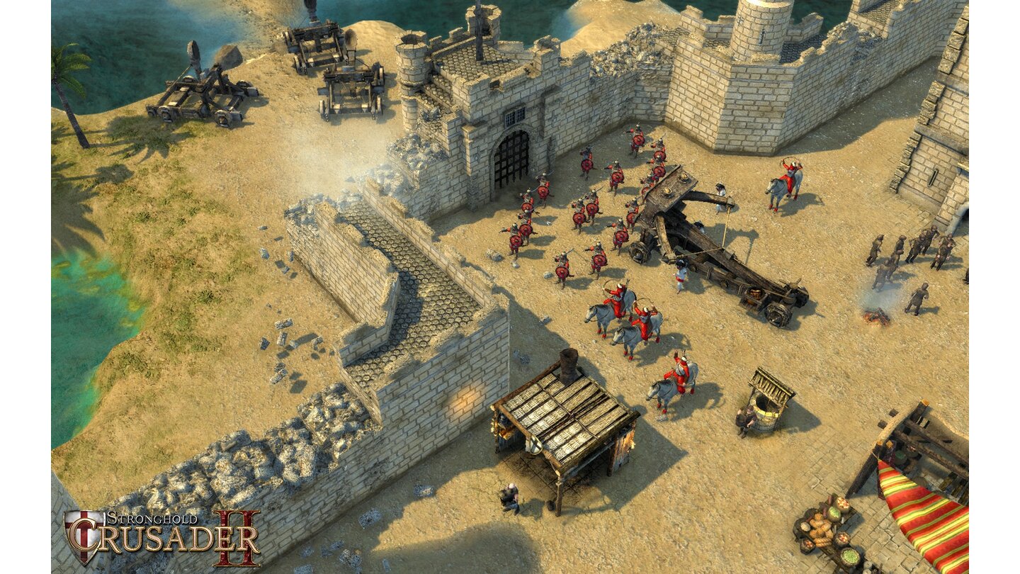 Stronghold Crusader 2Sehr schön erkennbar sind hier die zerstörbaren Mauerkronen. Ob die Wehrgänge unbenutzbar werden, sobald die Mauern beschädigt sind, ist noch nicht klar.