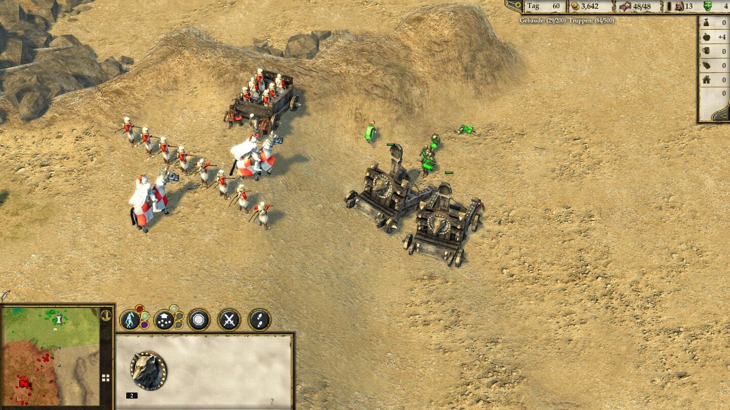 Stronghold Crusader 2Belagerungsgeräte: Der hussitische Kriegswagen lässt sich mit Infanterie beladen (idealerweise mit Schützen). Die beiden Kriegswolf-Katapulte sind schwere Brüder des Standard-Katapults. Die beiden Kreuzritter können übrigens auch absitzen und zu Fuß kämpfen.